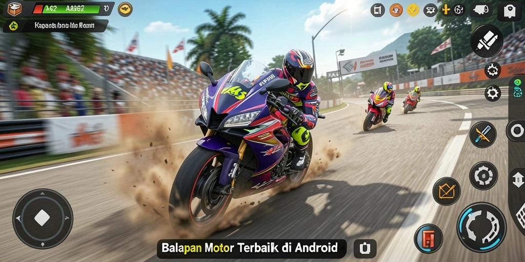 Screenshot AA62 menampilkan serunya balapan motor di lintasan yang menantang.