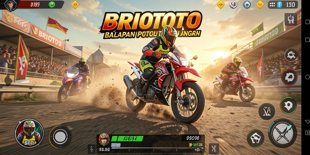 Screenshot gameplay BRIOTOTO menunjukkan aksi balap motor yang mendebarkan.