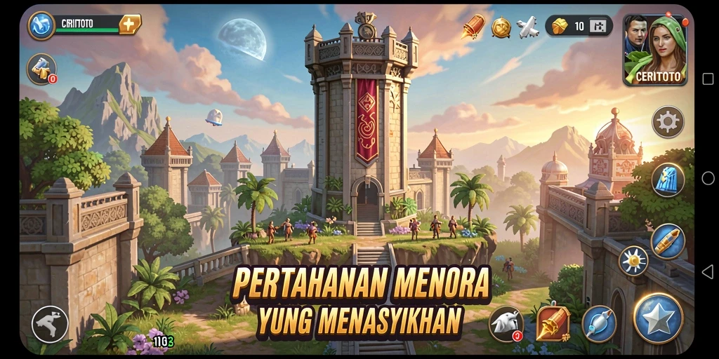 Tangkapan layar gameplay CERITOTO menampilkan pertarungan menara pertahanan yang intens.