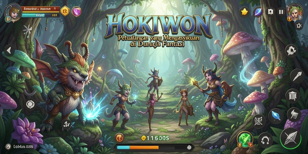 Screenshot gameplay HOKIWON menunjukkan petualangan seru di dunia fantasi.